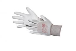 ESD Handschuhe, antistatisch, grauer Nylon-Feinstrick, Innenhand mit weisser PU Beschichtung